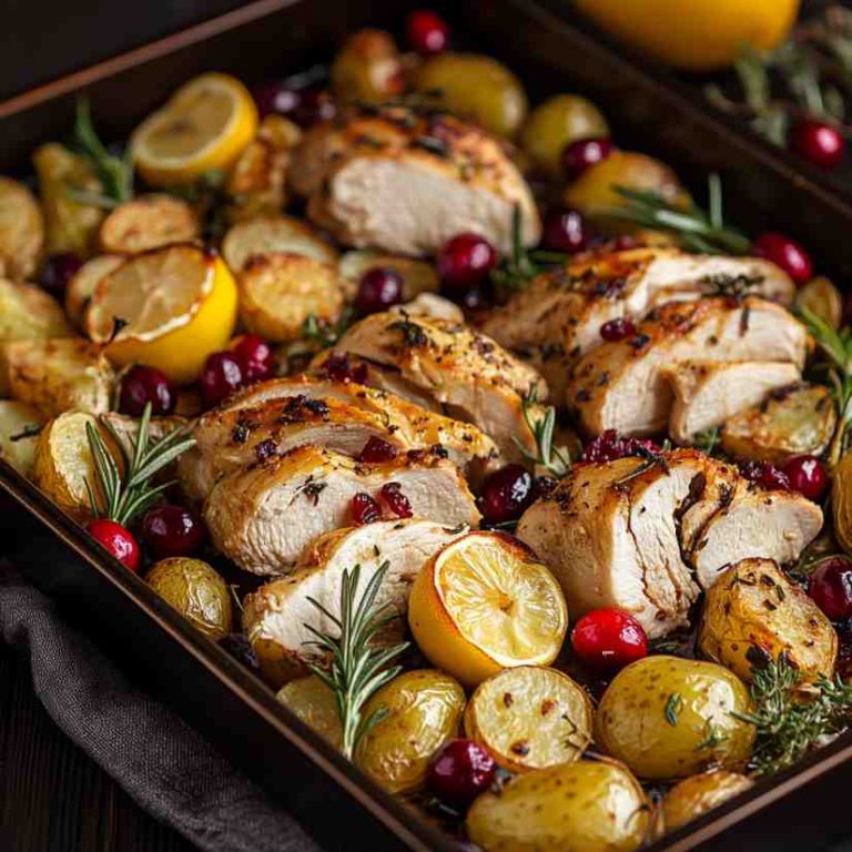 Roasted Turkey Sheet Pan Dinner with Cranberries and LemonHerb